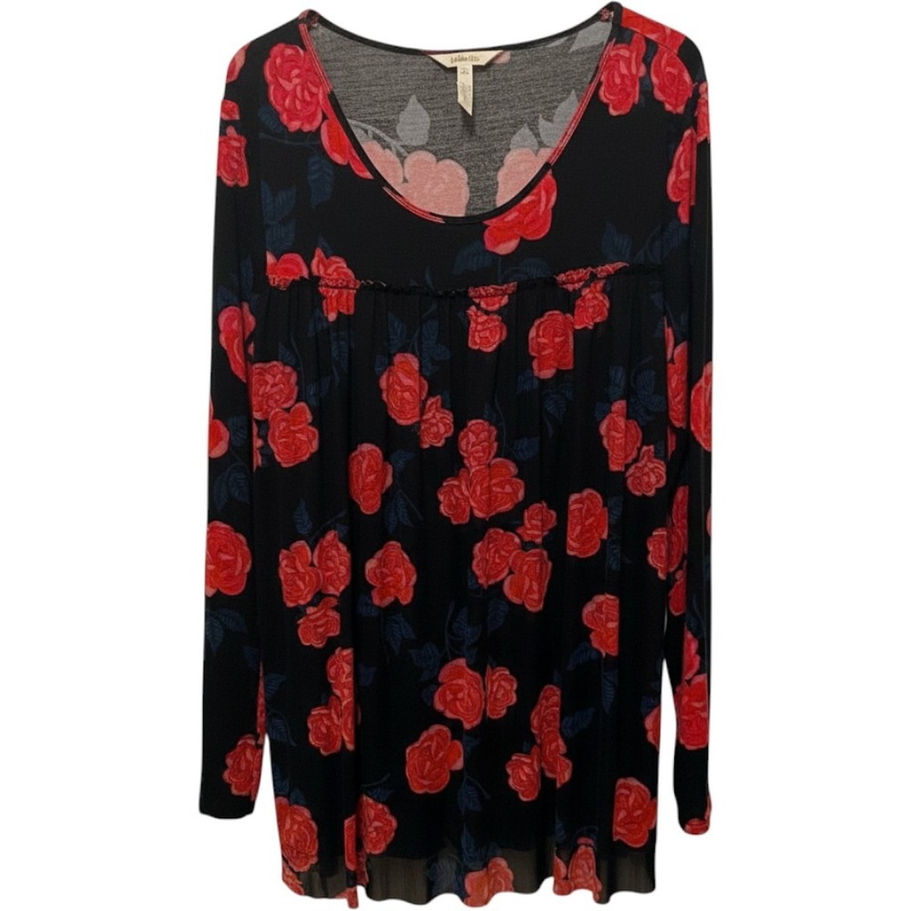 Matilda Jane Floral Tunic Sz L Black Red Rose Empire Waist Top